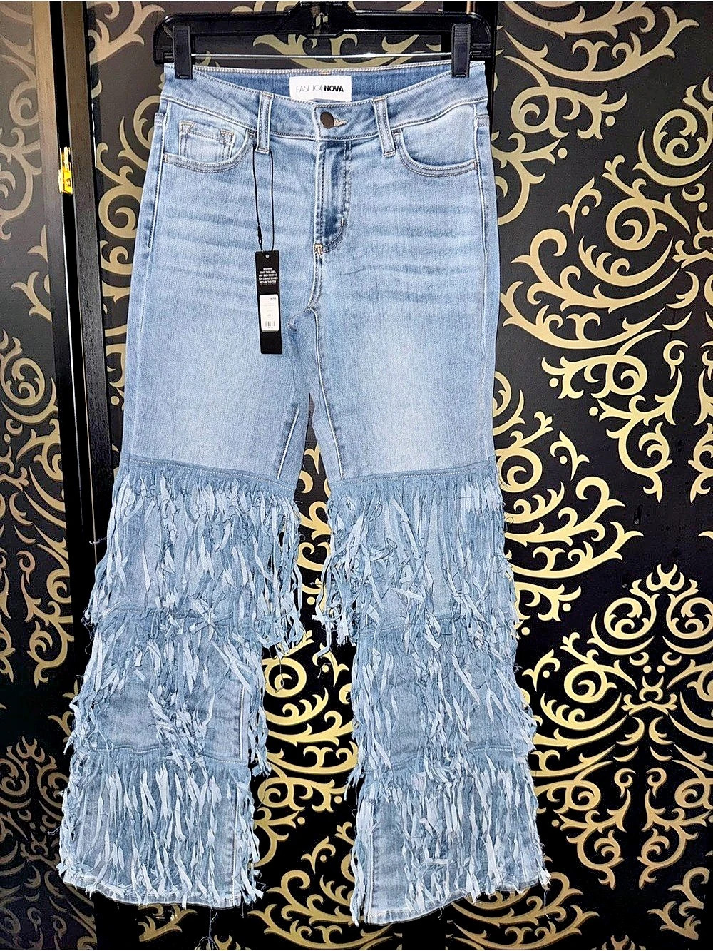 Fashion Nova Show Stopper Fringe Flare Jeans Blue Size 3
